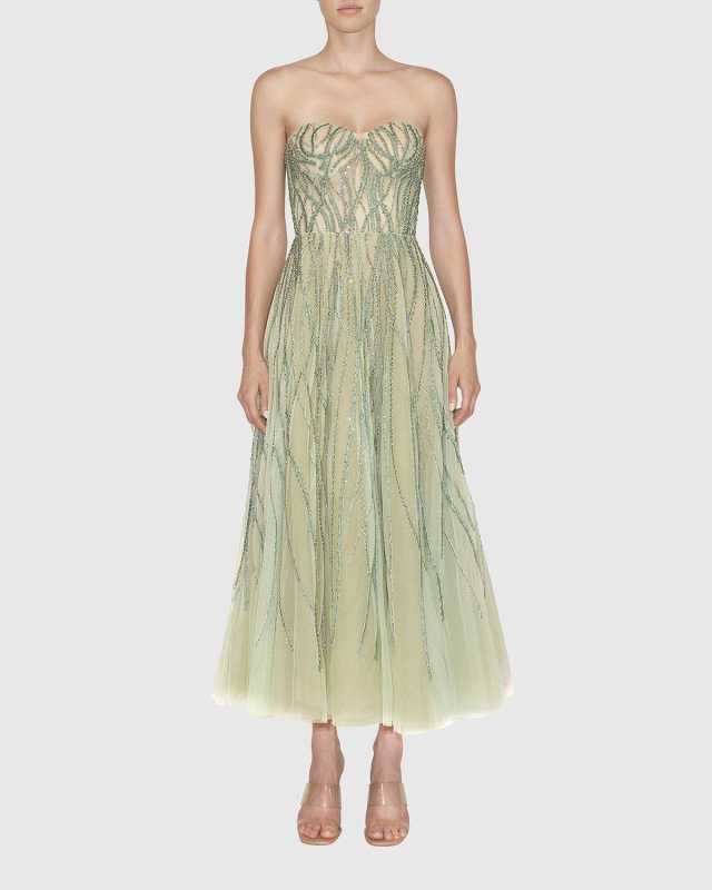 Bead-Embellished Strapless Tea Length Dress